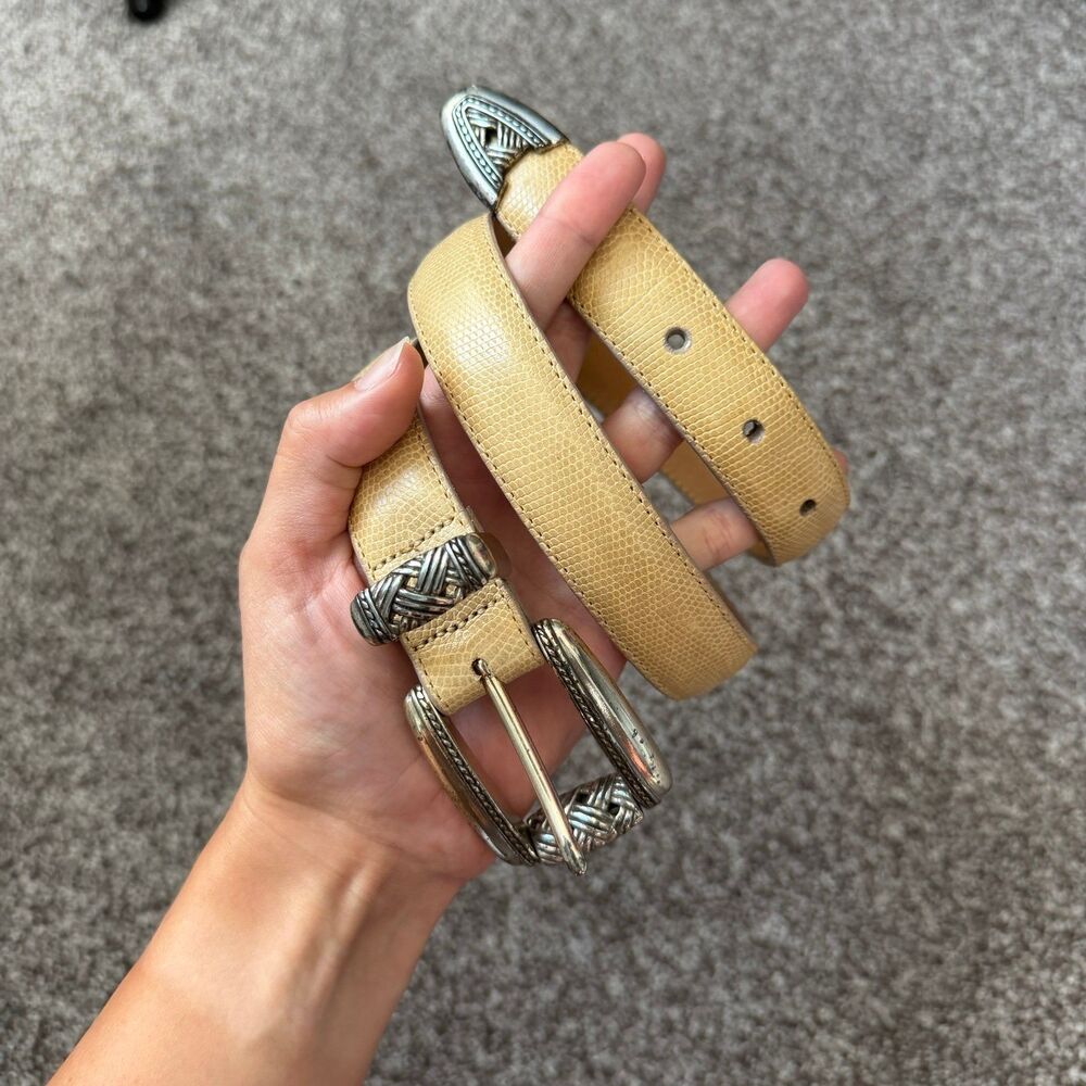 Vintage Brighton Beige Lizard Embossed Leather Western Belt Silver Braided Buckl